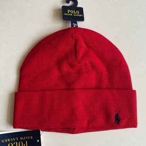 Polo Ralph Lauren Pony Logo Cuffed Thermal Waffle Knit Beanie Ski Hat Cap Red